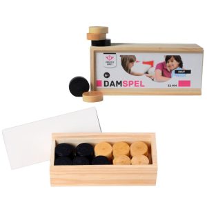 Damstenen Longfield 32 mm in houten kistje