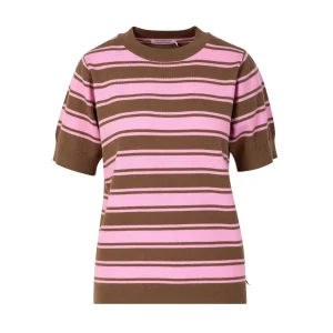 BLOUSE IN JAQUARD GEBREID - Mocca / light pink stripes