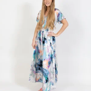 JURK MET GERIMPELDE TAILLE IN WAAIERPRINT - Swirl print