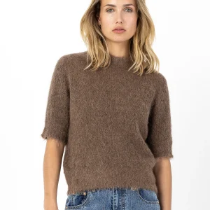 KORTE MOUW GEBREIDE TRUI IN ALPACA - Mocca mousse