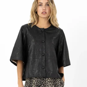 LEREN OVERHEMD MET LASERGESNEDEN KUNSTWERK - Black