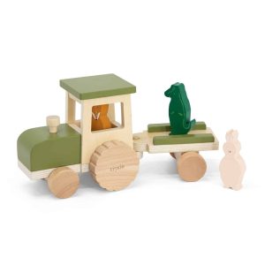 Houten dieren Tractor met aanhanger met naam