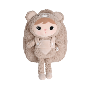 Curly teddybeer rugtas met pop beige met naam