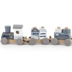 Houten blokkentrein met naam blauw (NEW)