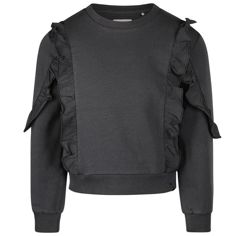Zwarte crewneck ruffle sweater O56934